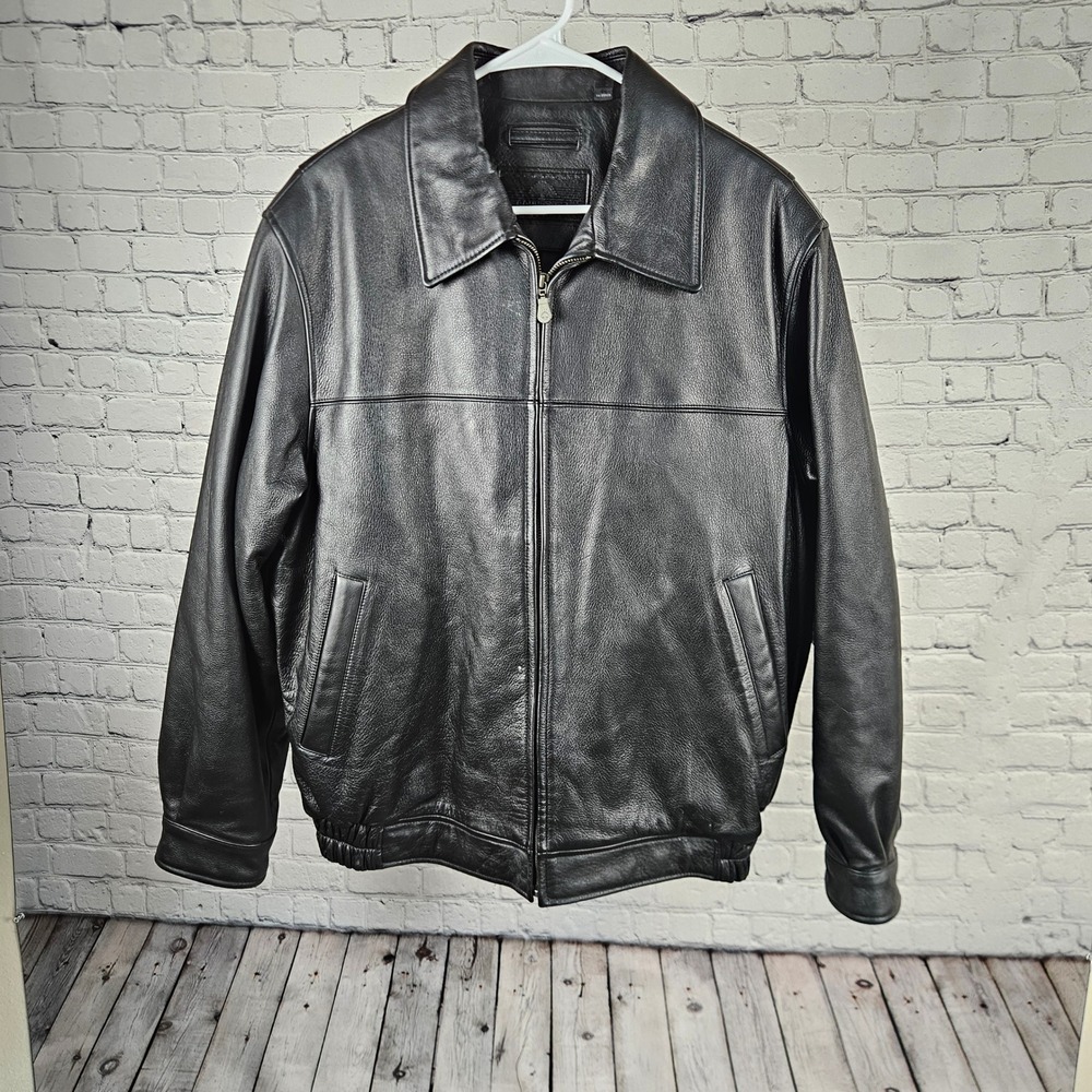 Roundtree & Yorke Mens Black Genuine Leather Bomber Jacket Large Full Zip